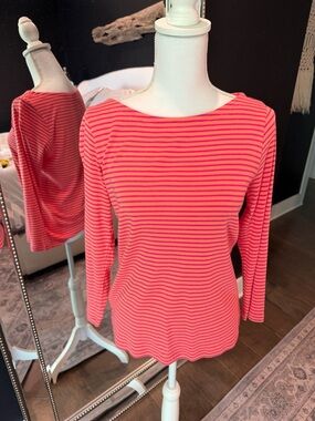 Boatneck Long Sleeve Stripe Top in Coral Pink